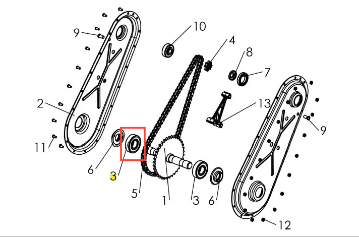 Łożysko kultywatora TF 435P marki Husqvarna, pokazane w zbliżeniu z boku. Element zaznaczony w czerwonym prostokącie. W tle widoczne inne komponenty układu napędowego, w tym przekładnia i pasek. Kolor: metaliczny, z wyraźnym wzorem.