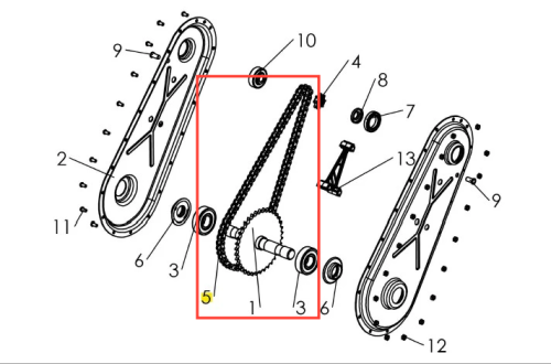 Zbliżenie łańcucha kultywatora TF 435P Husqvarna z metalowymi zębami i numeracją części, widoczne mocowania. Proste białe tło ułatwia identyfikację produktu.