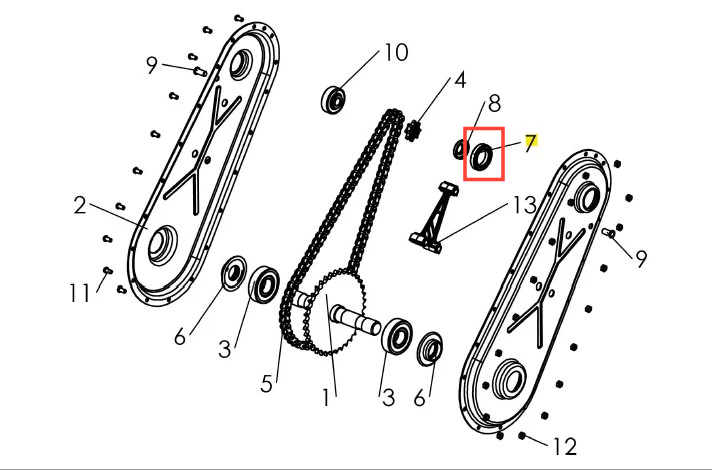 Łożysko kulkowe kultywatora TF 435P Husqvarna, umieszczone w obrysie z boku, w kolorze czarnym. Widoczny detal z numerem 8. Element metalowy z gładką powierzchnią, połączony z zestawem części mechanicznych, na tle białym.