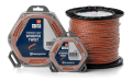 Pomarańczowa linka tnąca Whisper Twist 1,5 mm x 15 m w opakowaniach: okrągłym i sześciokątnym. Produkt na prostym tle z widocznymi etykietami i logo Husqvarna.