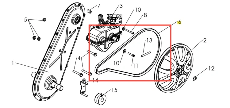 Pas kultywatora TF 435P Husqvarna, widoczny z boku. Ma metalową, gładką powierzchnię w kolorze ciemnoszarym. Zawiera oznaczenia tłoczone na osłonie, przedstawiające numery elementów. Jest rozłożony, gotowy do montażu w urządzeniu ogrodniczym.