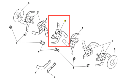 Metalowa część ząba kultywatora TF 435P Husqvarna, prostokątna z wygiętymi końcówkami, srebrna, widoczna w zestawie z innymi elementami, przedstawiona w zbliżeniu z możliwością montażu.