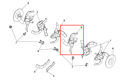 Metalowy ząb kultywatora TF 435P Husqvarna, wygięty z ostrym końcem, oznaczony numerem 5, do uprawy gleby, na szarym tle.