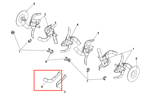 Fragment metalowego elementu nr 4 kultywatora TF 435P Husqvarna o prostym, lekko zakrzywionym kształcie z elementami mocującymi, przedstawiony obok innych części w zestawieniu technicznym.