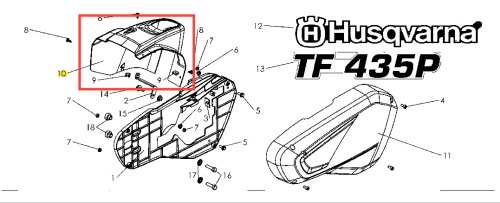 Pokrywa kultywatora TF 435P Husqvarna w kolorze pomarańczowym, wykonana z tworzywa. Ujęcie z boku, pokazujące detale mocowania oraz logo Husqvarna. Produkt ma opływowy kształt i wkomponowane otwory wentylacyjne. Idealna do sprzętu ogrodowego.