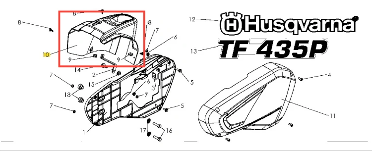 Pokrywa kultywatora TF 435P Husqvarna w kolorze pomarańczowym, wykonana z tworzywa. Ujęcie z boku, pokazujące detale mocowania oraz logo Husqvarna. Produkt ma opływowy kształt i wkomponowane otwory wentylacyjne. Idealna do sprzętu ogrodowego.