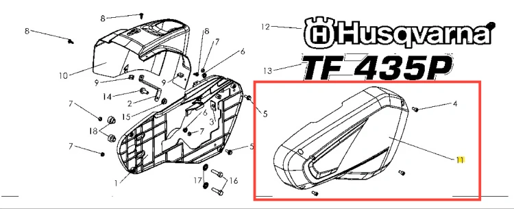 Pokrywa kultywatora TF 435P Husqvarna, w kolorze czarnym, w kształcie prostokątnym. Przedstawiona z boku, ukazuje detale konstrukcyjne, w tym widoczne mocowania. Na obudowie znajduje się logo Husqvarna. Tło proste.