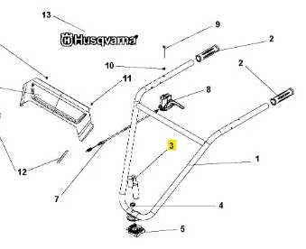 Dźwignia kultywatora TR 348 Husqvarna w metalicznym kolorze, z uchwytem, mocowaniem i widocznym logo oraz numerami części, pokazana frontalnie w rozłożonej pozycji, ukazująca elementy funkcjonalne.