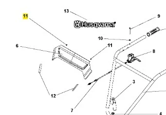 Nit kultywatora TR 348 Husqvarna, widok z boku, pokazujący uchwyt, mechanizm i logo Husqvarna. Elementy w kolorze srebrnym i czarnym, z wyraźnymi oznaczeniami. Spoiny i detale montażowe dobrze widoczne. Produkt w stanie nowym, na białym tle.