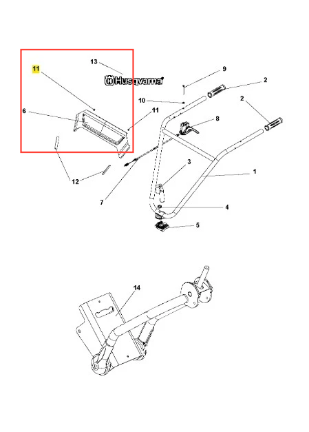 Nit kultywatora TR 348 Husqvarna, metalowy, prostokątny, z logo Husqvarna na górze. Mocowanie z boku, otoczone innymi częściami na jasnym tle, ułatwiającym identyfikację.