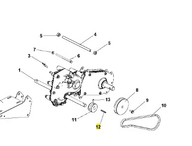 Zestaw komponentów do kultywatora TR 348 Husqvarna. Widać silnik z oznaczeniem 12, wałki i pasek. Kąt ujęcia ukazuje szczegóły mechaniczne oraz połączenia części. Elementy metalowe o różnej grubości i kształcie, na białym tle.
