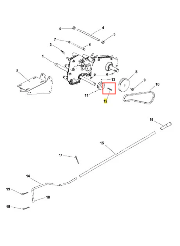 Klin kultywatora TR 348 Husqvarna w kolorze metalicznym, widok z góry, z silnikiem, schematem montażu, numerem ID, oznaczeniami, elementami montażowymi i wałkiem z uszczelnieniami.