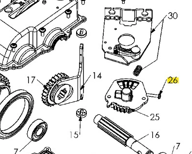Wkręt kultywatora TF 435P Husqvarna, metaliczny, z wyraźnym oznaczeniem numeru 26. Element przedstawiony z boku, w układzie rozłożonym, obok innych części. Tło proste, ułatwia identyfikację detali produktu.