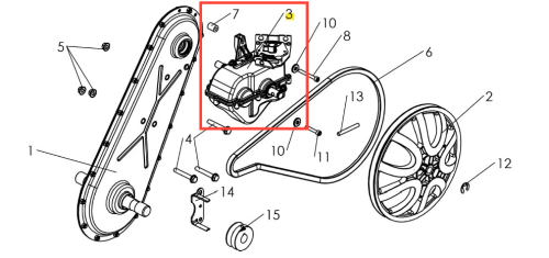 Skrzynia biegów kultywatora TF 435P Husqvarna w konstrukcji metalowej, z wyraźnymi detalami montażowymi. Widok z boku, z wyeksponowanymi mocowaniami oraz elementami do połączeń. Tło jednolite, co podkreśla szczegóły produktu.