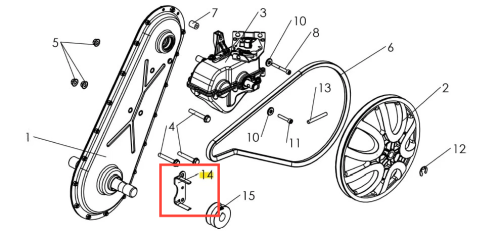 Koło pasowe pasa napędowego silnika kultywatora TF 435P Husqvarna, metalowe, okrągłe, z gładką powierzchnią. Widoczne uchwyty mocujące, precyzyjnie zaprojektowane do montażu. Zbliżenie na detal z boku, widoczny układ elementów wokół koła.