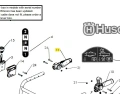Sterowanie kultywatora TF 435P Husqvarna, widok z góry, czarne elementy mechaniczne, napisy z numerami i logo, detale mocowań i pokręteł, w tle instrukcja i schemat montażu z numerami części.