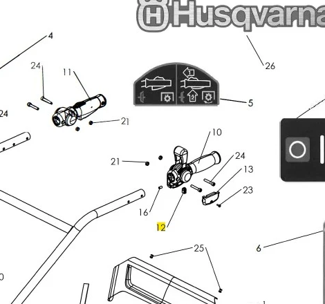 Zbliżenie na komponenty stop kultywatora TF 435P Husqvarna. Widoczne metalowe części: rura, elementy mocujące oraz instrukcje w formie symboli. Tło proste, bez odwracania uwagi. Szczegóły techniczne są wyraźne.