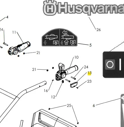 Sterowanie kultywatora TF 435P Husqvarna w widoku technicznym z oznaczonymi elementami, detalami montażowymi i schematami działania na jednolitym tle.