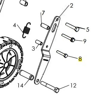 Śruba kultywatora TF 435P Husqvarna, metaliczna, o prostym kształcie, z gwintem. Ujęcie w zbliżeniu, na jednolitym tle. Widoczne detale mocowania. Obok inne akcesoria, w tym długi element montażowy i okrągła opona.