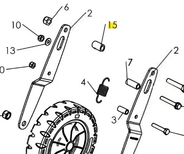 Srebrna tulejka dystansowa do kultywatora Husqvarna TF 435P, cylindryczna z otworem, widoczna z boku na planszy montażowej obok innych części urządzenia ogrodowego.