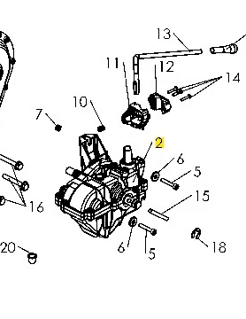 Skrzynia biegów kultywatora TF 335 Husqvarna przedstawiająca mechanizm z widocznymi elementami mocującymi. Ujęcie pokazuje części w układzie z boku, na białym tle. Widoczne detale to przewody, śruby oraz zamontowane elementy.