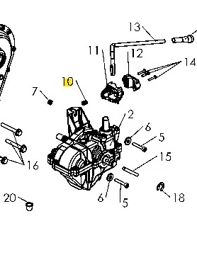 Blokada sprężyny do kultywatora TF 335 Husqvarna, z widocznym mocowaniem i otworami, odpowiadająca elementom silnika. Zdjęcie przedstawia szczegółowy schemat z numeracją części w kolorze czerni i żółci na białym tle.