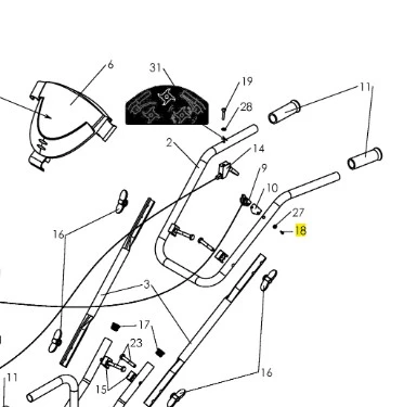 Śruba kultywatora T300RS, metalowa, z kółkiem mocującym. Widok z góry, zbliżenie na detal gwintu. Obiekt leży na diagramie z oznaczeniami części, co ułatwia identyfikację. Tło jednorodne, białe, zapewniające czytelność.