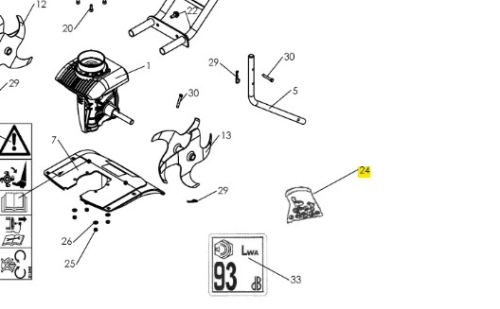 Zestaw śrub i nakrętek do kultywatora T300RS Compact Pro Husqvarna na prostym tle, rozłożony. Oznaczenie poziomu hałasu: 93 dB.