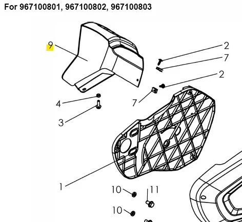 Pokrywa kultywatora TF 120 Husqvarna w kolorze czarnym, z tworzywa sztucznego, z widoczną siatką. Ujęcie z boku, ukazujące zarys i mocowania. Element montażowy, z oznaczeniami i numerami części, umieszczony na neutralnym tle.