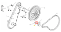 Sworzeń z wkrętem zabezpieczającym do kultywatora TF120 Husqvarna, metalowy cylindryczny element o długości ok. 5 cm, z gwintem na jednym końcu, widoczny na schemacie obok innych części.