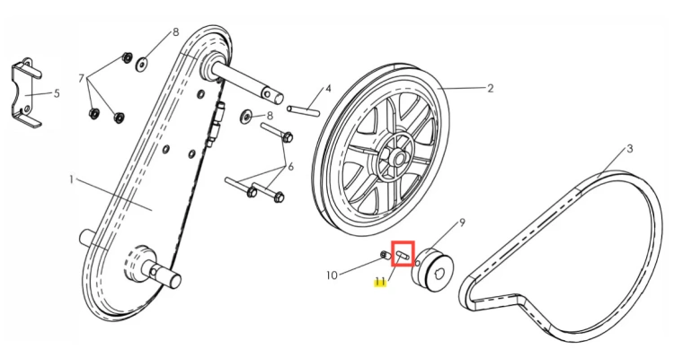 Sworzeń z wkrętem zabezpieczającym do kultywatora TF120 Husqvarna, metalowy cylindryczny element o długości ok. 5 cm, z gwintem na jednym końcu, widoczny na schemacie obok innych części.