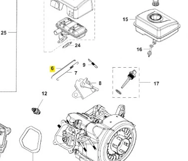 Pręt cięgła regulatora obrotów, metalowy, prosty, o długości 13 cm. Wyposażony w elementy mocujące, widoczny z boku. Przeznaczony do kultywatora TF 120 Husqvarna. Tło białe, detalowe ujęcie.