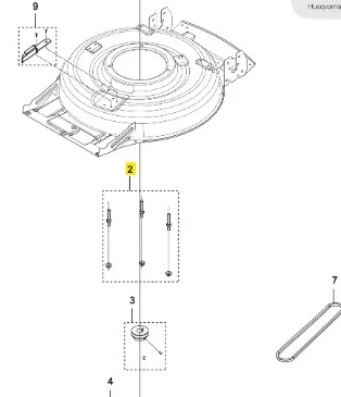 Zestaw montażowy kosiarki LB 251S Husqvarna z okrągłą podstawą, haczykami, śrubami, uszczelkami i płaską dźwignią na białym tle, widok z góry.