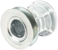 Adapter noża kosiarki KLIPPO LB 548S e Husqvarna, metaliczny, okrągły z teksturowaną powierzchnią. Widok frontalny, detal z boku, z otworem na środku. Błyszcząca powierzchnia, stworzony do mocowania noża kosiarki. Na jednolitym tle.