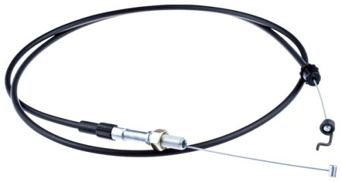 Linka kosiarki LC 356 AWD Husqvarna w kolorze czarnym z metalowymi elementami. Produkt leżący na białym tle, zbliżenie na detal mocowania i przegub. Widoczne zakończenie spiralne i linka w kształcie prostokąta, długość i faktura linki wyraźne.