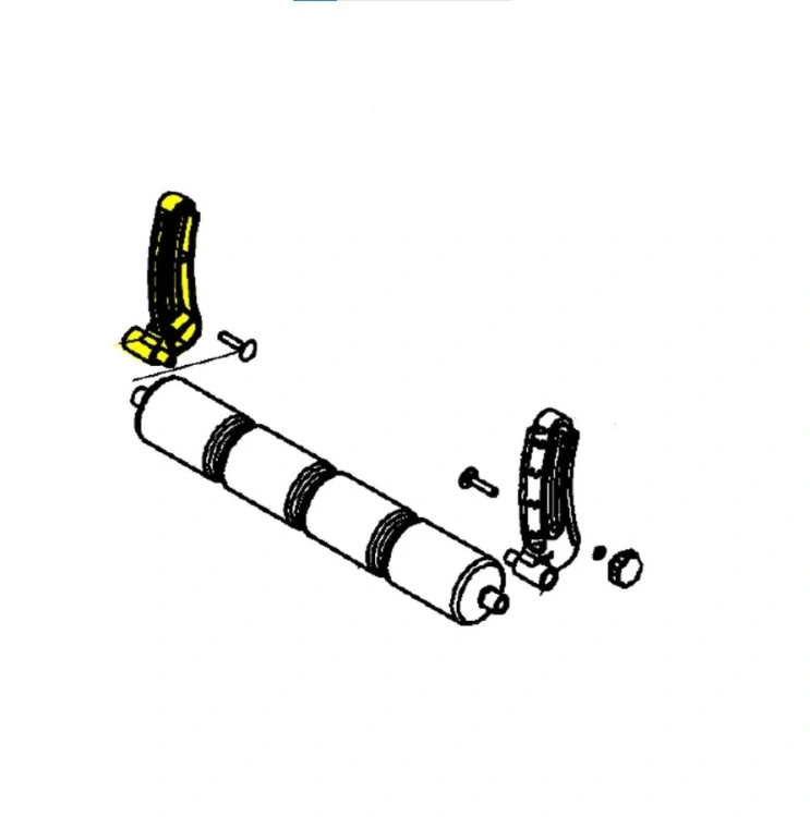 Obsada rolki kosiarki HiCut 64 Husqvarna składa się z cylindrycznej części w kolorze białym z czarnymi paskami. Zestaw zawiera dwa uchwyty w kolorze żółtym i czarnym oraz śruby mocujące. Elementy ułożone na białym tle w orientacji poziomej.