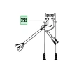 Schematic diagram of a lawn mower spindle assembly, featuring two electrical connectors with visible wiring and labeled part number 28. The assembly is shown in a flat position with clear outlines and no additional details.
