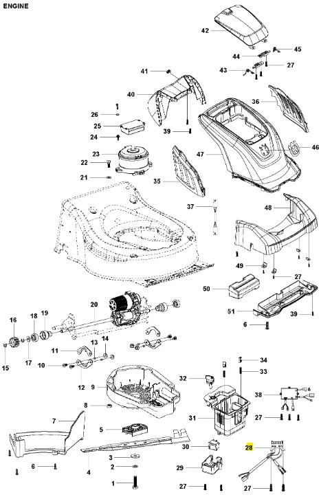 Pręt kosiarki LC 141iV Husqvarna, czarny, frontalny widok z logo, elementy konstrukcyjne, mocowanie i mechanizm na białym tle, w zestawie silnik i obudowa.