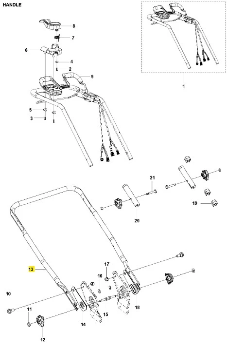 Metaliczny uchwyt kosiarki LC 141iV Husqvarna z ergonomiczną rączką, ramą i mocowaniami. Widok z góry z widocznymi przewodami i oznaczonym elementem 13, na białym tle.
