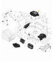 Rysunek techniczny obudowy kosiarki LC 356 AWD Husqvarna z dużą okrągłą podstawą, bocznymi częściami, osłoną silnika, uchwytami i numerowanymi oznaczeniami elementów.