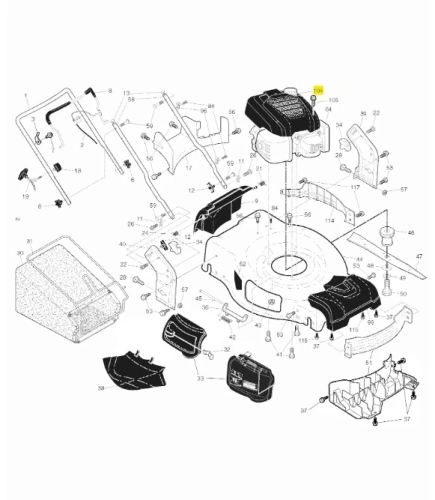 Rysunek techniczny obudowy kosiarki LC 356 AWD Husqvarna z dużą okrągłą podstawą, bocznymi częściami, osłoną silnika, uchwytami i numerowanymi oznaczeniami elementów.