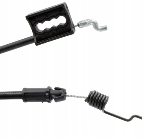 Linka kosiarki LB 155S Husqvarna, czarna, z metalowym zakończeniem. Widok z góry, z bliska, pokazujący detal mocowania i struktury. Zawiera sprężynę i końcówkę w kształcie haka. Tło białe, umożliwiające wyraźne widzenie produktu.