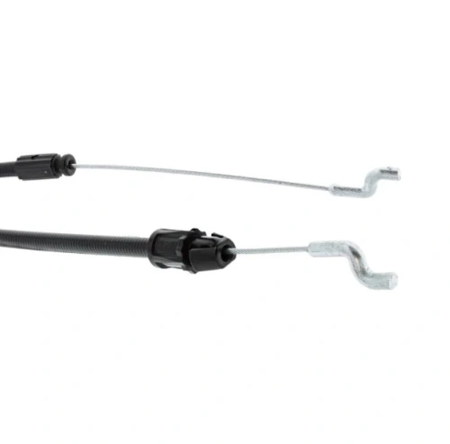 Linka kosiarki LC 247S Husqvarna w kolorze metalicznym z czarnym uchwytem. Z bliska przedstawia obie końcówki z hakami oraz stalowy drut. Ułożona poziomo, na jednolitym tle. Widoczne detale mocowania i tekstura materiału.