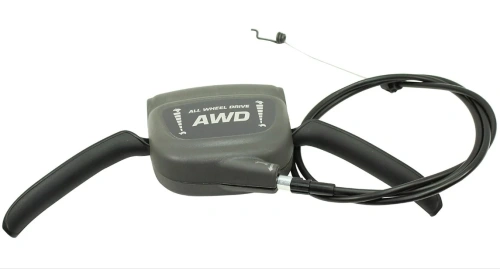 Linka kosiarki LC 356 AWD Husqvarna w kolorze szarym z czarnymi uchwytami, z widocznym napisem ALL WHEEL DRIVE. Produkt uchwycony z boku, stojący, z widocznym mechanizmem prowadzącym oraz linką prowadzącą.