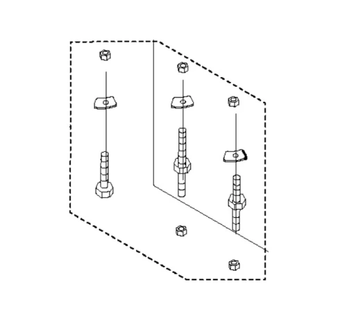 Zestaw montażowy z śrubami i nakrętkami do kosiarki Husqvarna LB 256S, metalowe elementy o prostokątnym kształcie, widok z boku ukazujący detale mocowań w różnych rozmiarach.