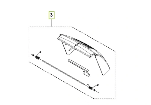 Klapa kosiarki LC 140P Husqvarna w kolorze czarnym, lekko wyprofilowana, z widocznymi uchwytami montażowymi. Produkt przedstawiony z boku, w kontekście rysunku technicznego. Widoczne elementy mocujące i detale konstrukcyjne.