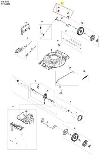 Schemat zestawu wsparcia kosiarki Husqvarna LB 251S, ukazujący elementy chassis: wałki, zębatki i mocowania w metalicznym i czarnym kolorze. Widok z góry, z wyróżnioną sekcją nr 11.