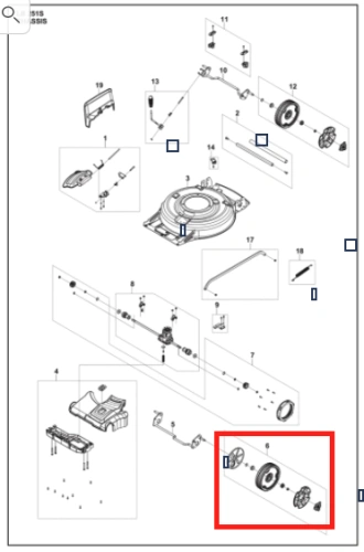 Koło kosiarki LB 251S Husqvarna. Widoczne elementy mechaniczne w układzie, z centralnym otworem na oś, w kolorze szarym. Zestaw zawiera kilka części, w tym mocowania i detale techniczne. Zdjęcie przedstawia układ w przybliżeniu, na białym tle.