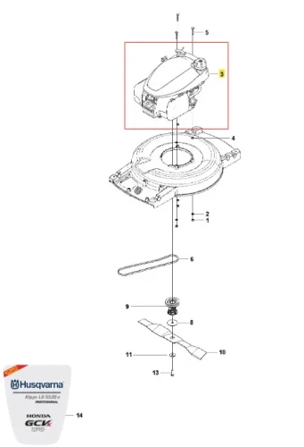 Silnik GCV170 do kosiarki Husqvarna LB 553S, widok z góry. Elementy takie jak obudowa silnika w kolorze szarym, mocowanie oraz osłona. W zestawie również ostrze i elementy montażowe. Tło białe, ułatwiające zauważenie detali produktu.