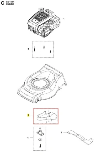 Osłona kosiarki LC 140P Husqvarna w kolorze czarnym, wykonana z tworzywa sztucznego, z otworem na silnik. Widoczna z góry, w pozycji ustawionej płasko. Zawiera elementy mocujące oraz logo producenta na górze. Bez dodatkowych detali na tle.